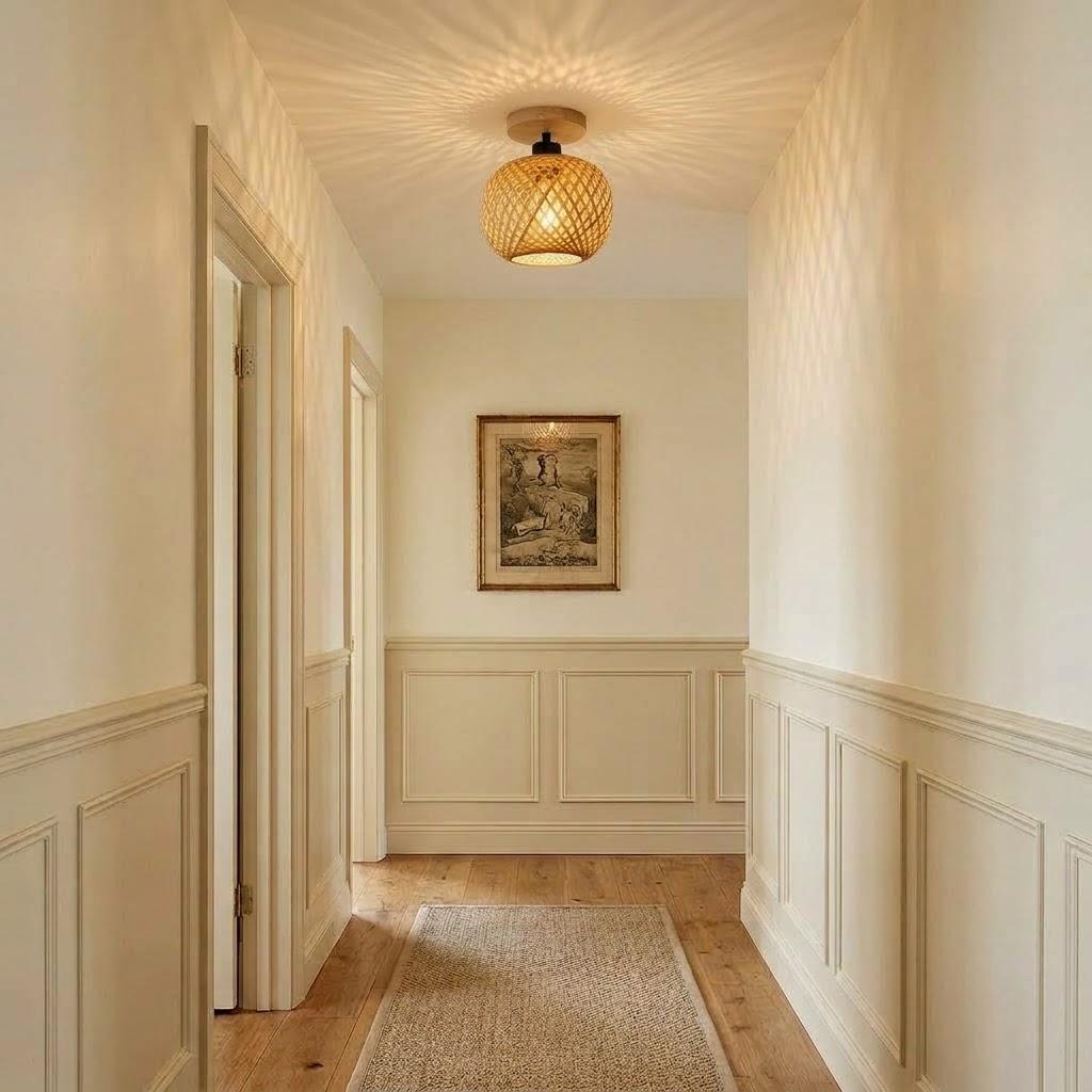 Japandi Woven Bamboo Globe Semi-Flush Ceiling Light