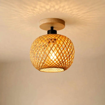 Japandi Woven Bamboo Globe Semi-Flush Ceiling Light