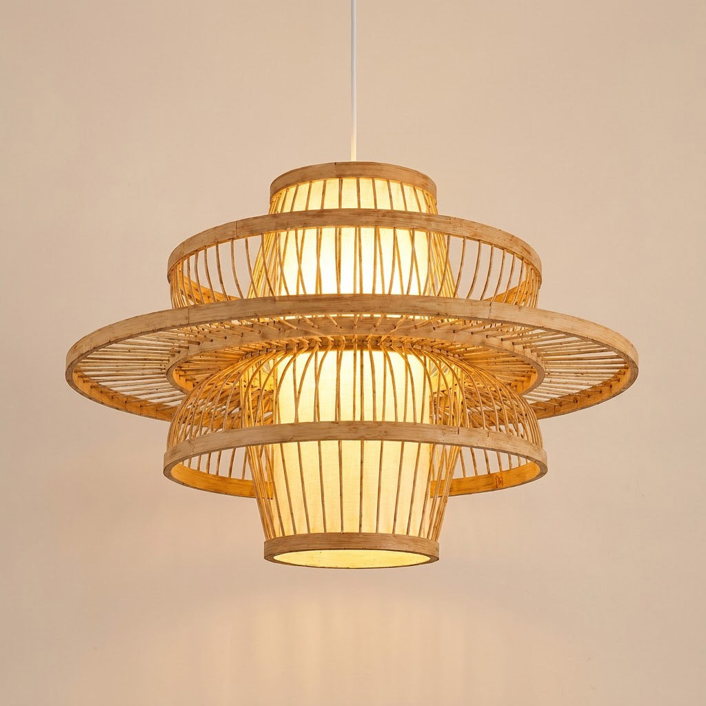 Japandi Woven Bamboo Tiered Lantern Pendant Light