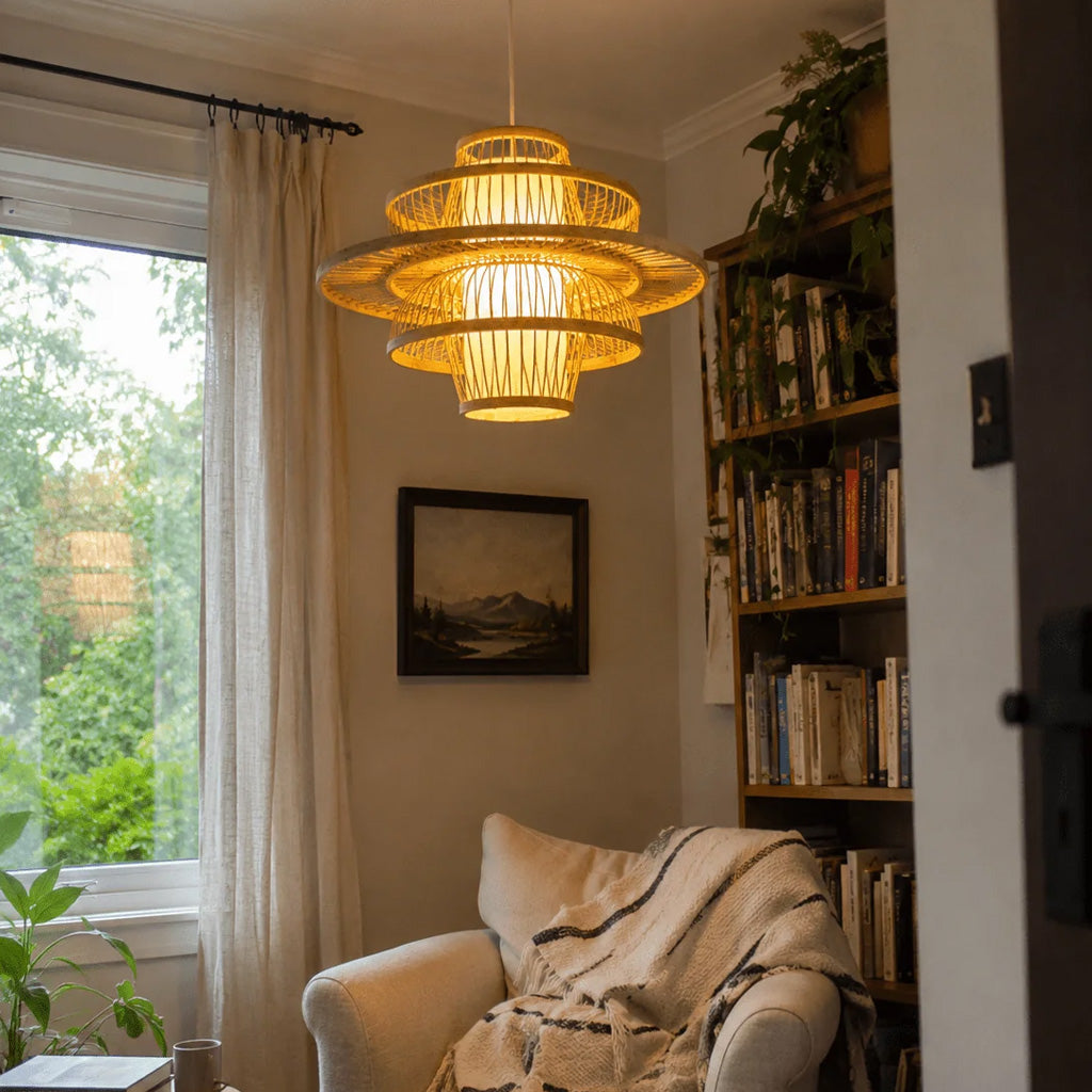 Japandi Woven Bamboo Tiered Lantern Pendant Light