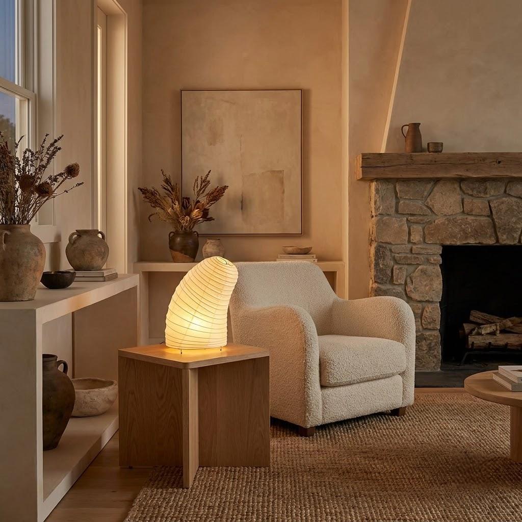 Japandi Curved Spiral Washi Shade Table Lamp