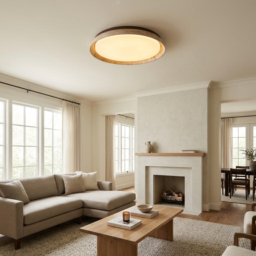Japandi Travertine Wood Round Flush Mount Ceiling Light