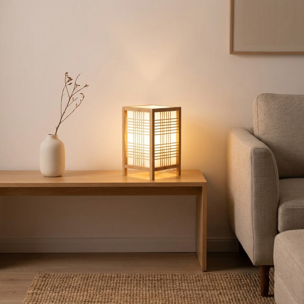 Minimalist Column Bamboo Square Shade Table Lamp