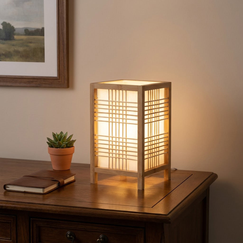 Minimalist Column Bamboo Square Shade Table Lamp