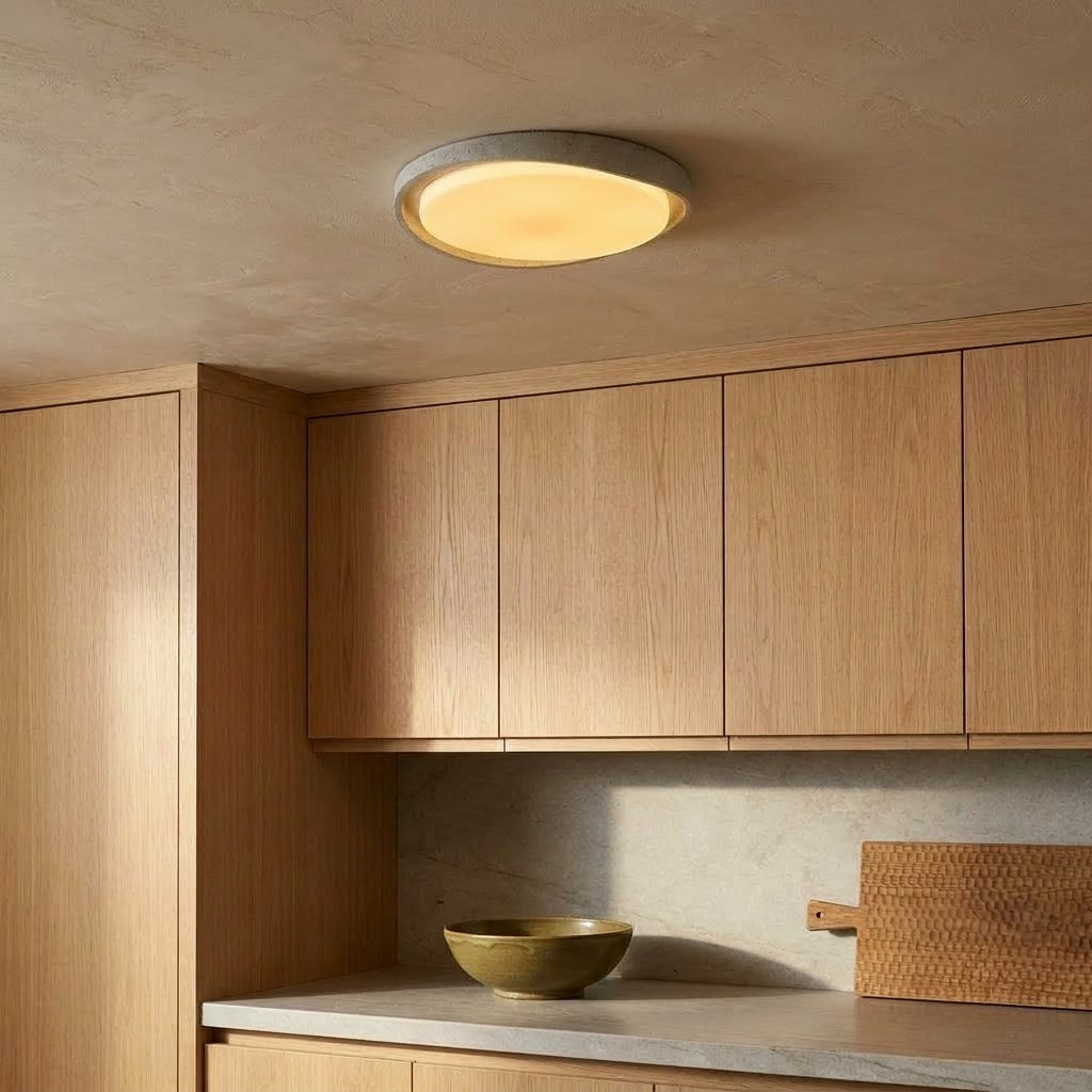 Japandi Travertine Round Flush Mount Ceiling Light