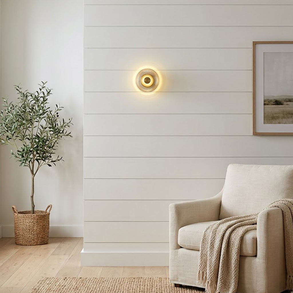 Modern Minimalist Brass & Glass Round Wall Sconce