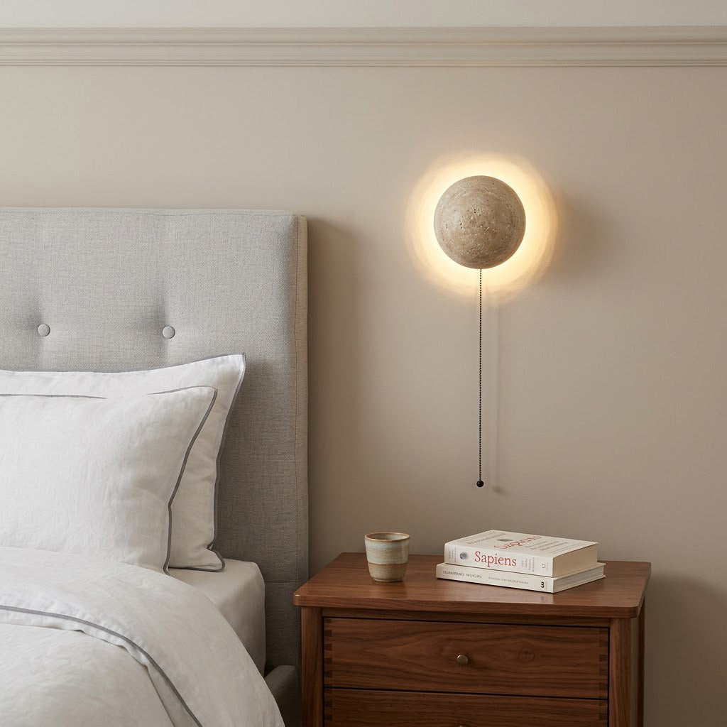 Modern Minimalist Travertine-Effect Round Wall Sconce