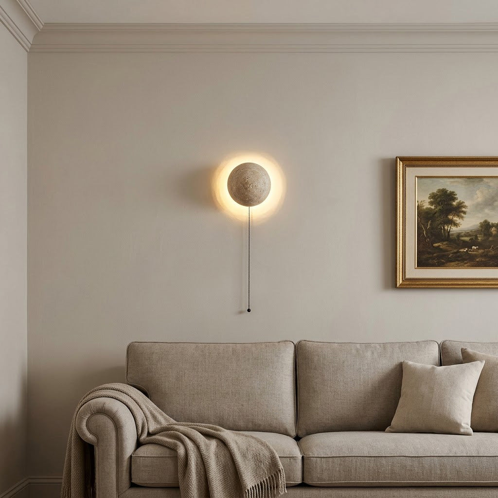 Modern Minimalist Travertine-Effect Round Wall Sconce