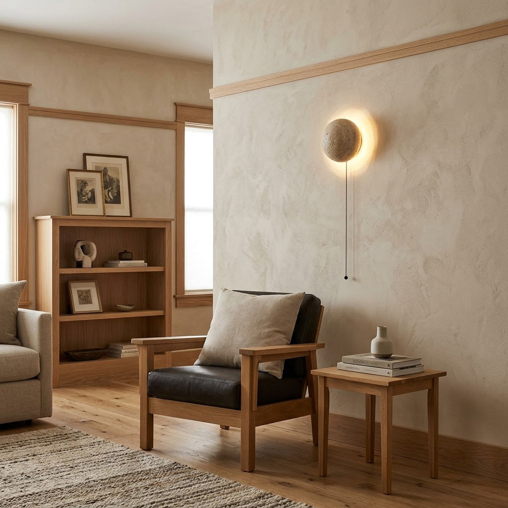 Modern Minimalist Travertine-Effect Round Wall Sconce