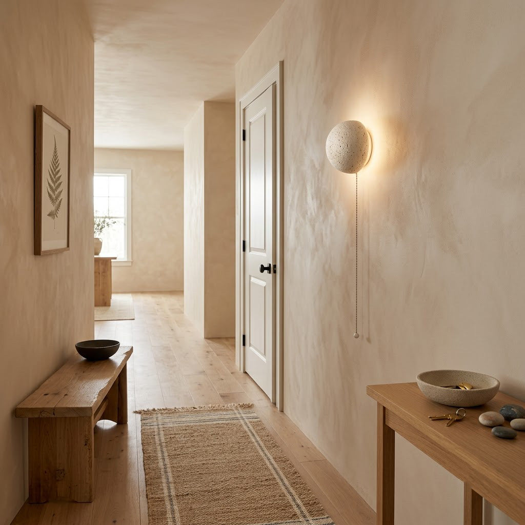 Modern Minimalist Travertine-Effect Round Wall Sconce