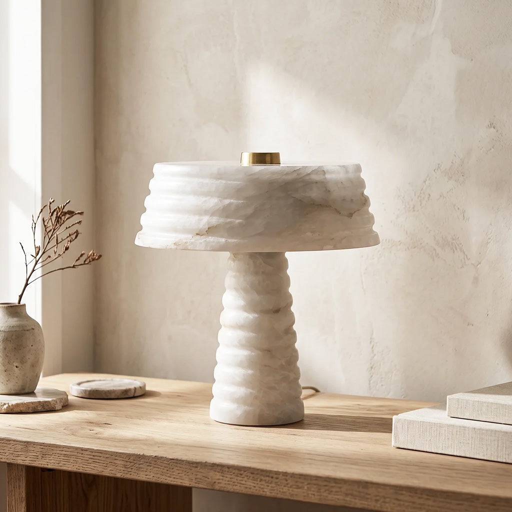 Wabi-Sabi Ribbed Alabaster Mushroom Shade Table Lamp