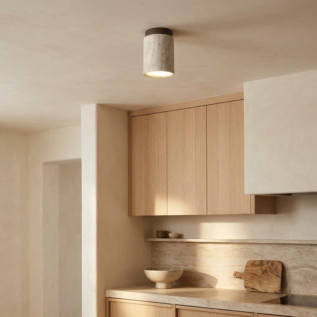 Wabi-Sabi Travertine Cylinder Flush Mount Ceiling Light