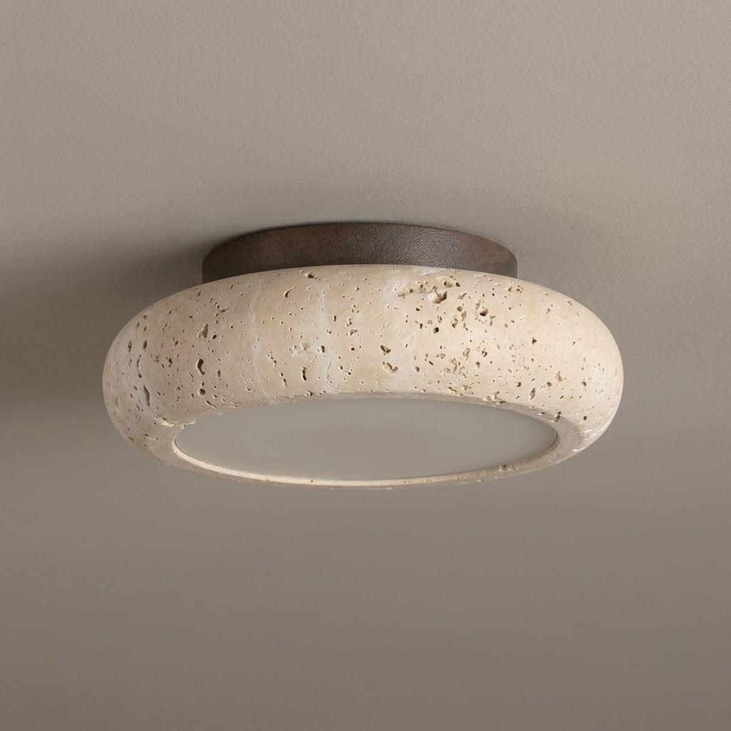 Wabi-Sabi Travertine Wood Flush Mount Ceiling Light
