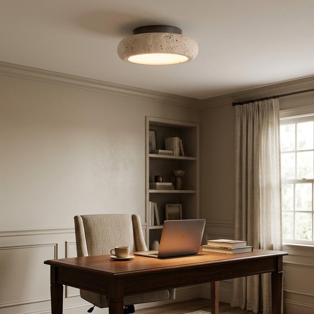 Wabi-Sabi Travertine Wood Flush Mount Ceiling Light