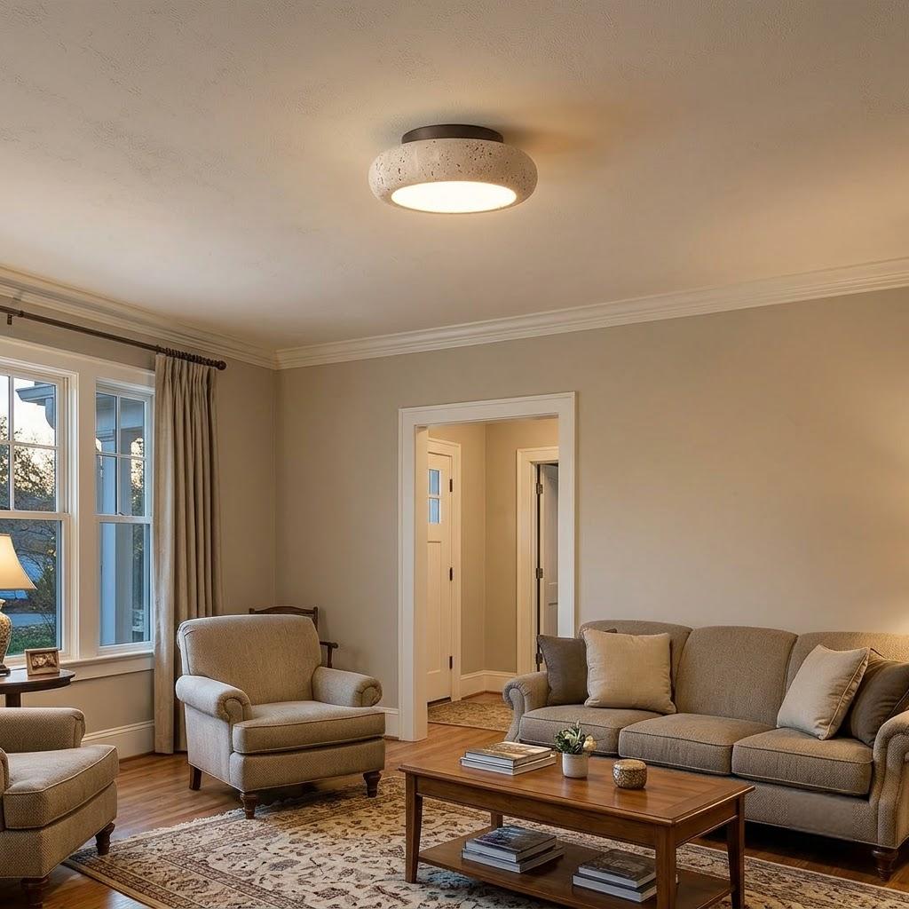 Wabi-Sabi Travertine Wood Flush Mount Ceiling Light