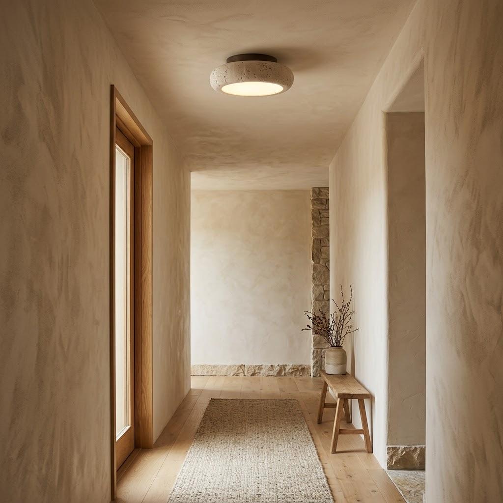 Wabi-Sabi Travertine Wood Flush Mount Ceiling Light