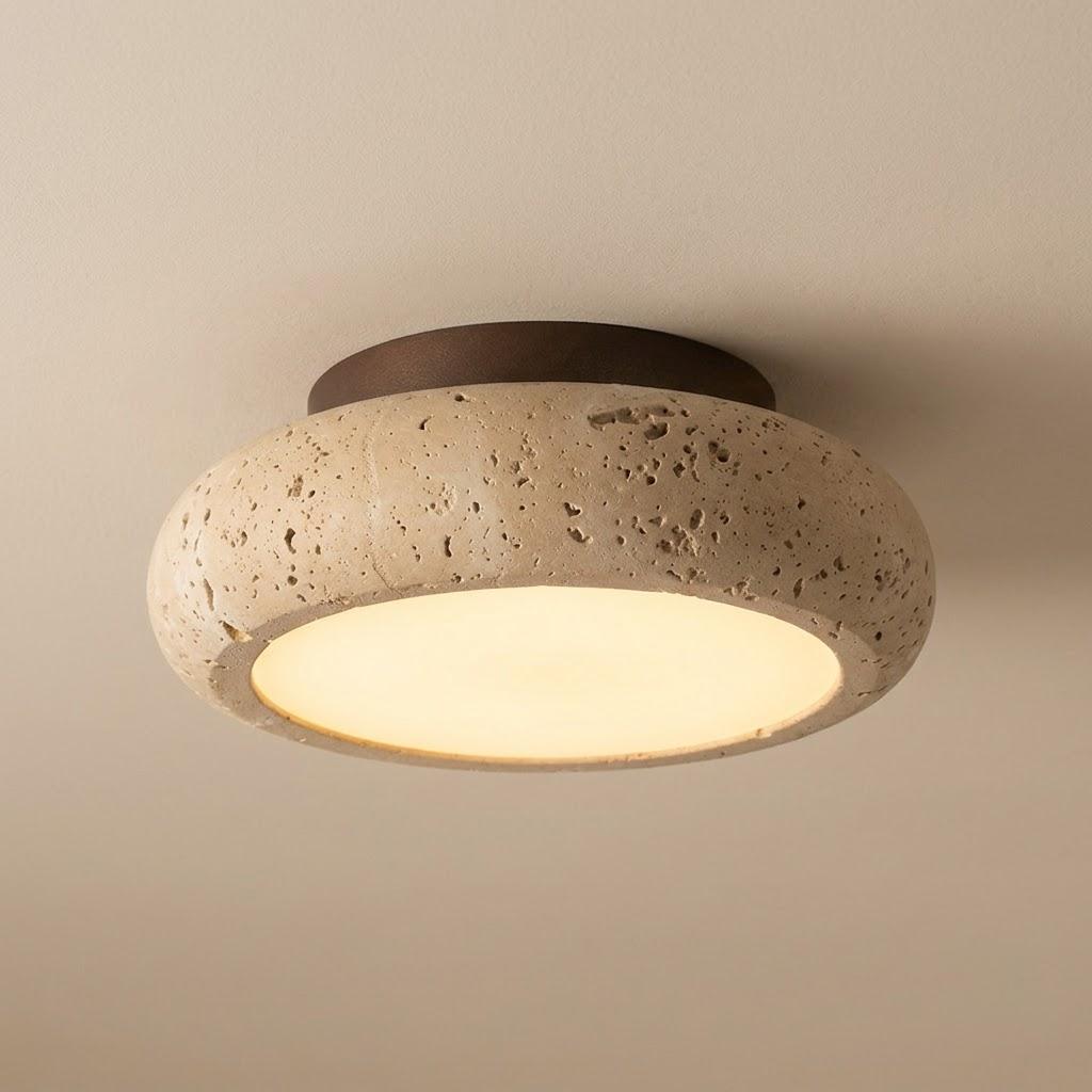 Wabi-Sabi Travertine Wood Flush Mount Ceiling Light