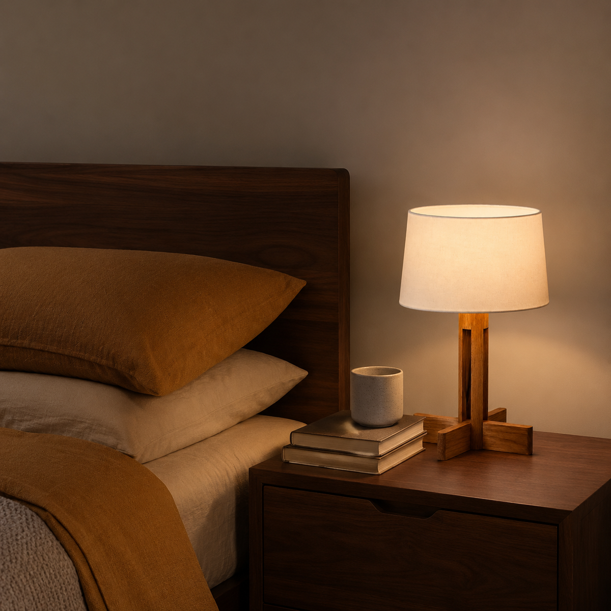 Japandi Cross-Base Wood Drum Shade Table Lamp