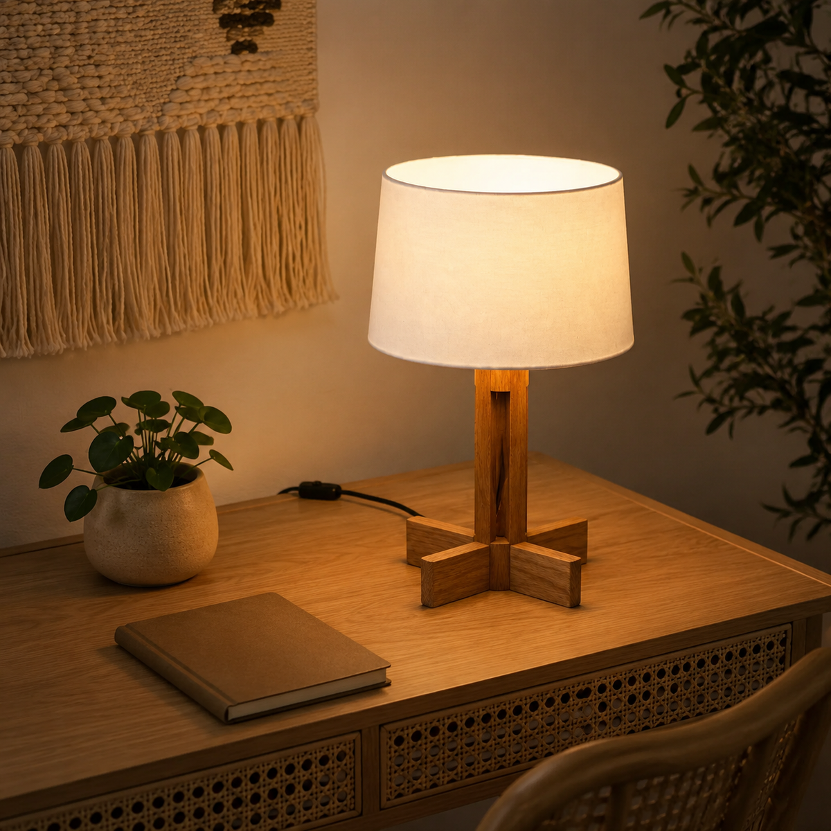 Japandi Cross-Base Wood Drum Shade Table Lamp