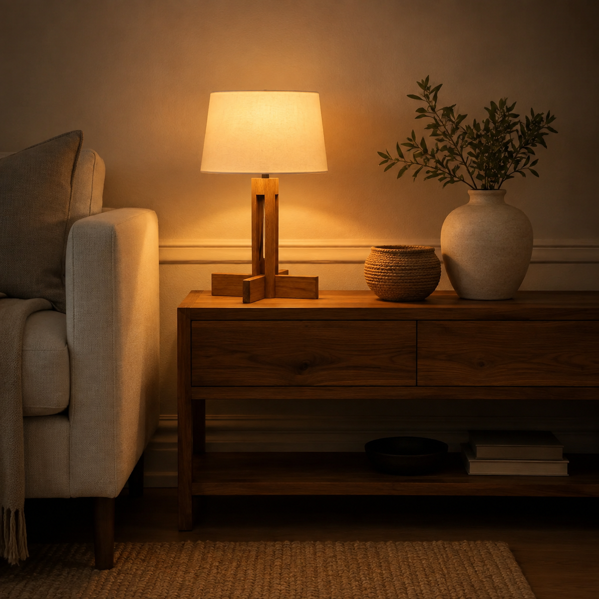 Japandi Cross-Base Wood Drum Shade Table Lamp