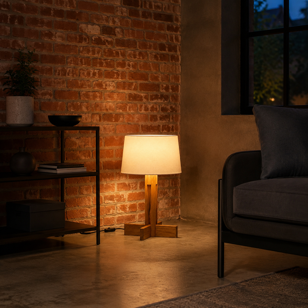 Japandi Cross-Base Wood Drum Shade Table Lamp