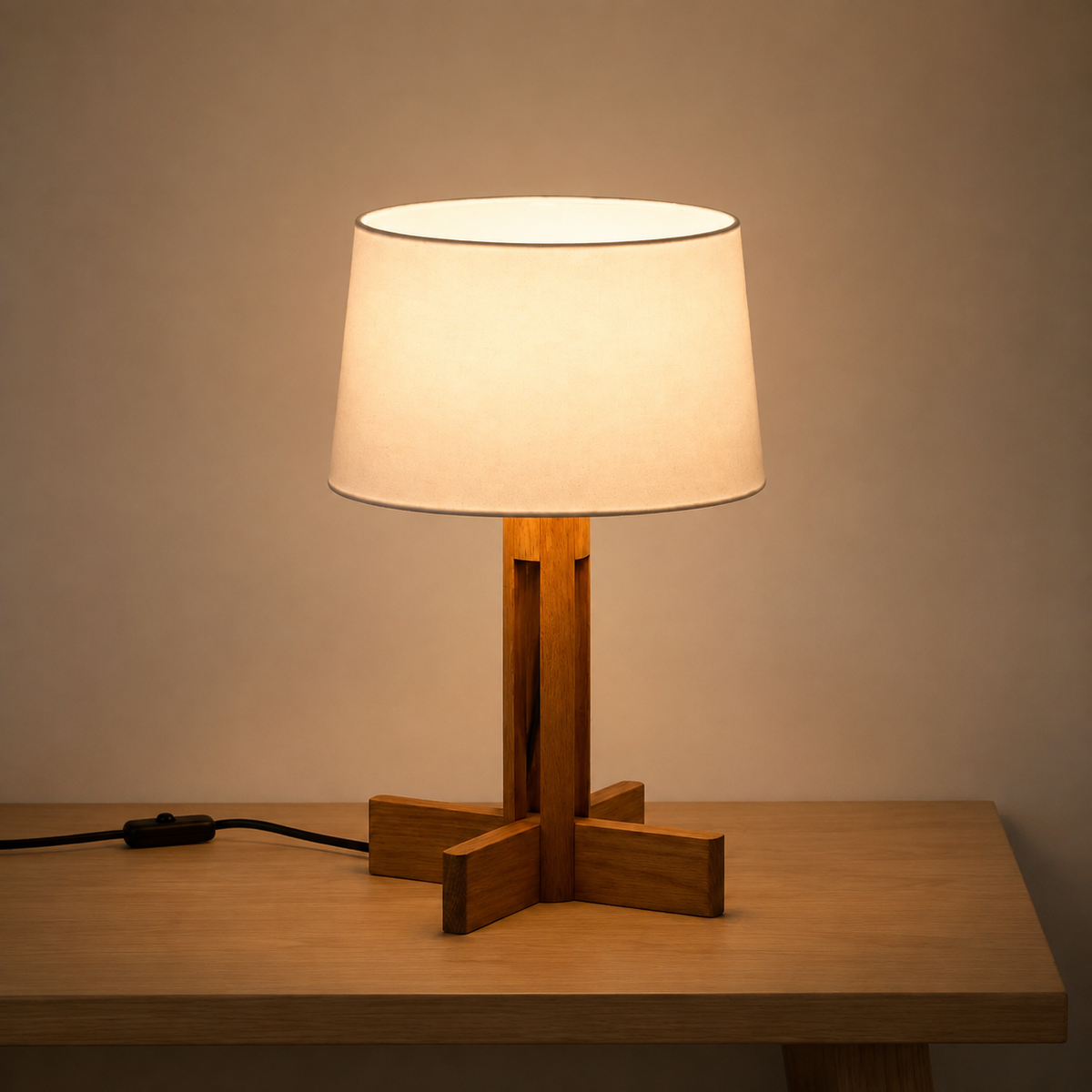 Japandi Cross-Base Wood Drum Shade Table Lamp