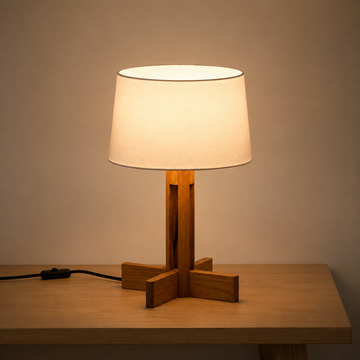 Japandi Cross-Base Wood Drum Shade Table Lamp